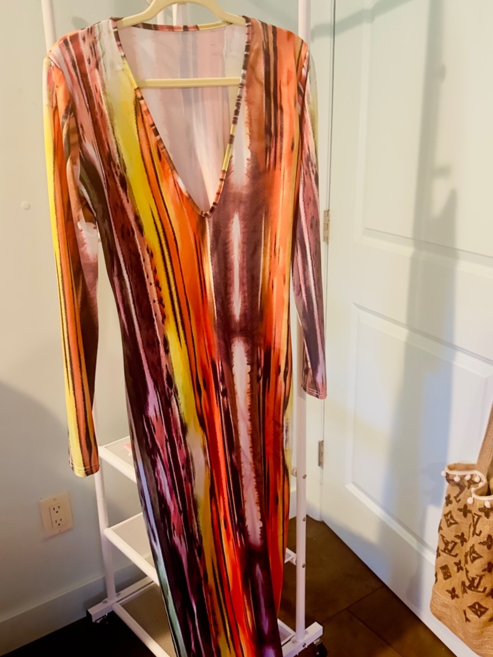 Striped V-Neck Long Sleeve Maxi Dress in Orange, Yellow & Purple